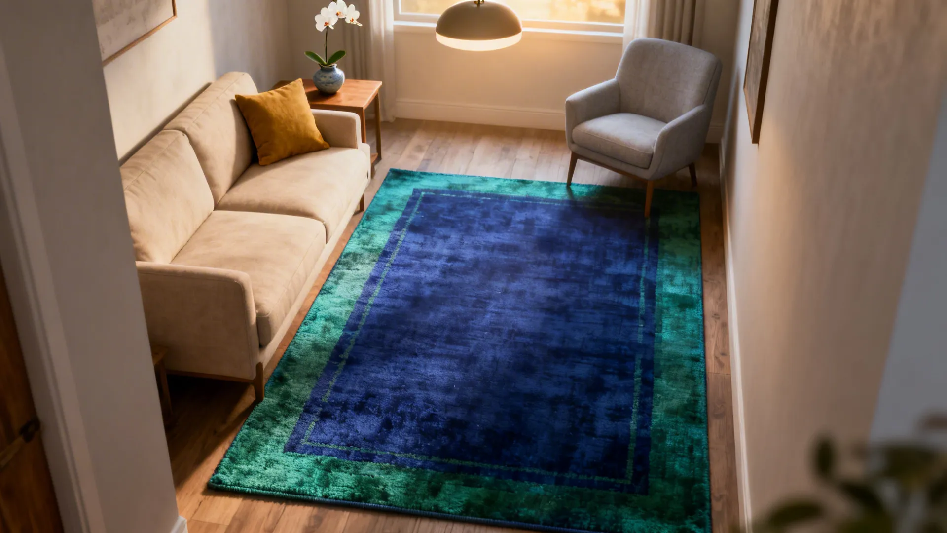 Neutral living room with a single bold-colored rug acting as the focal point.
