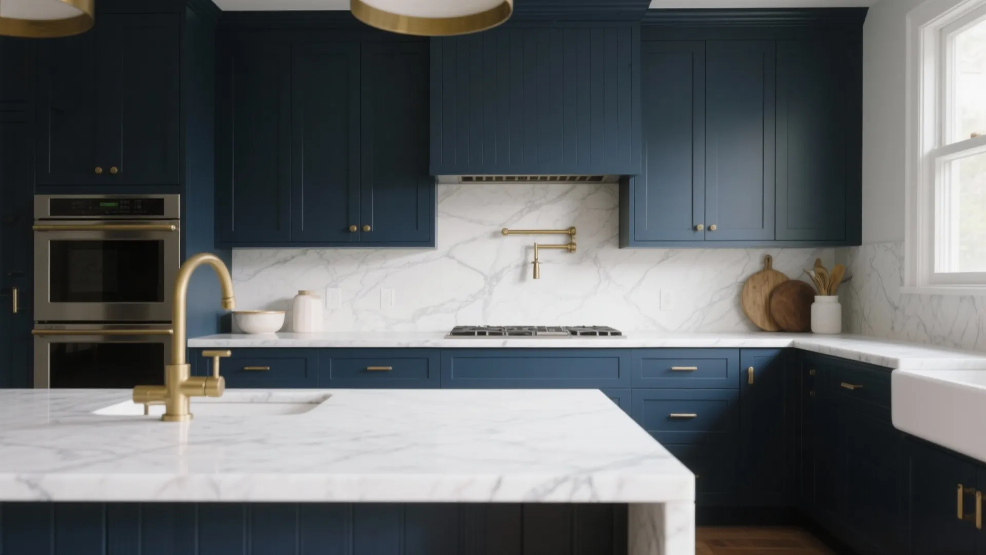 Navy blue kitchen cabinets with gold handles white marble countertop and matching marble wall panel backsplash
