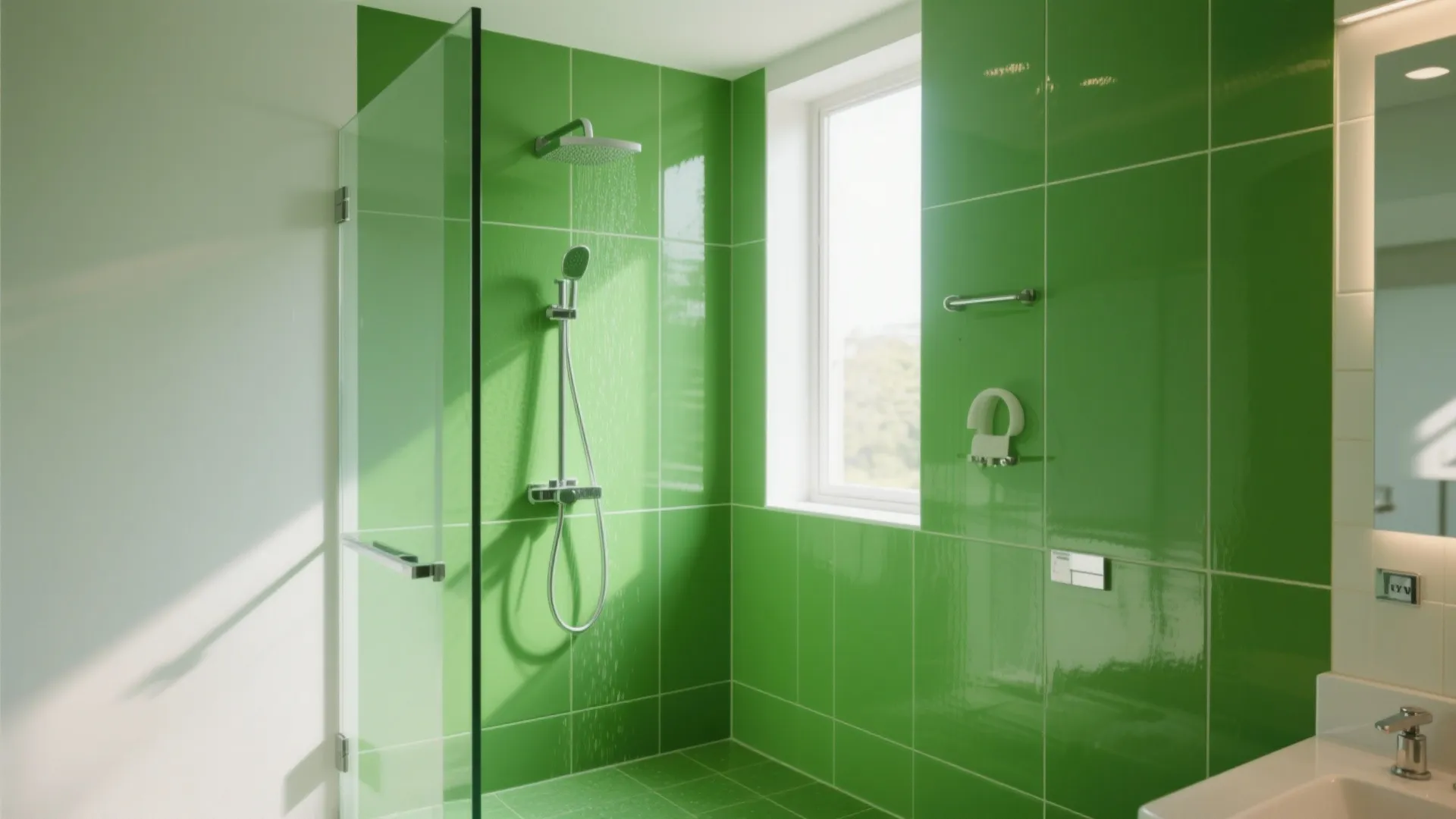 Vibrant bathroom design with bright green wall tiles glass shower door and white window frame view