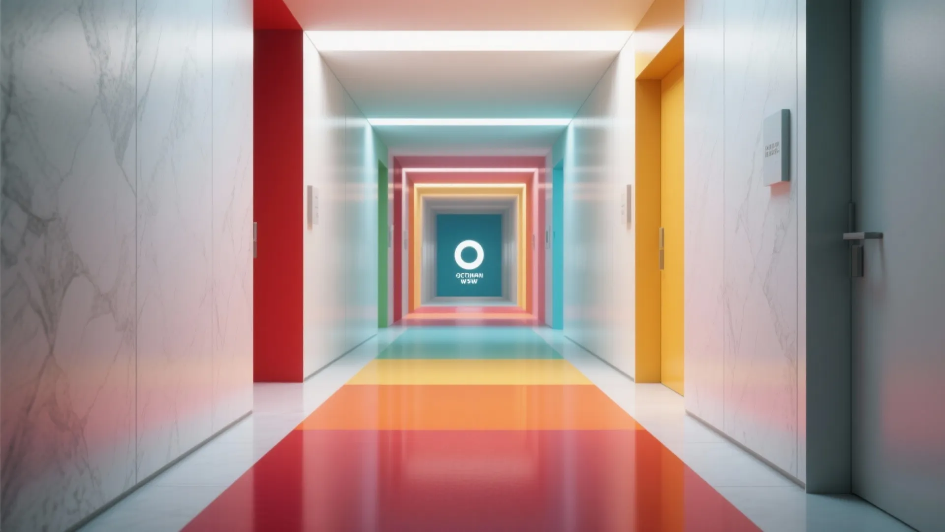 Long hallway with colorful doors and bright rainbow floor patterns showing a modern interior design layout