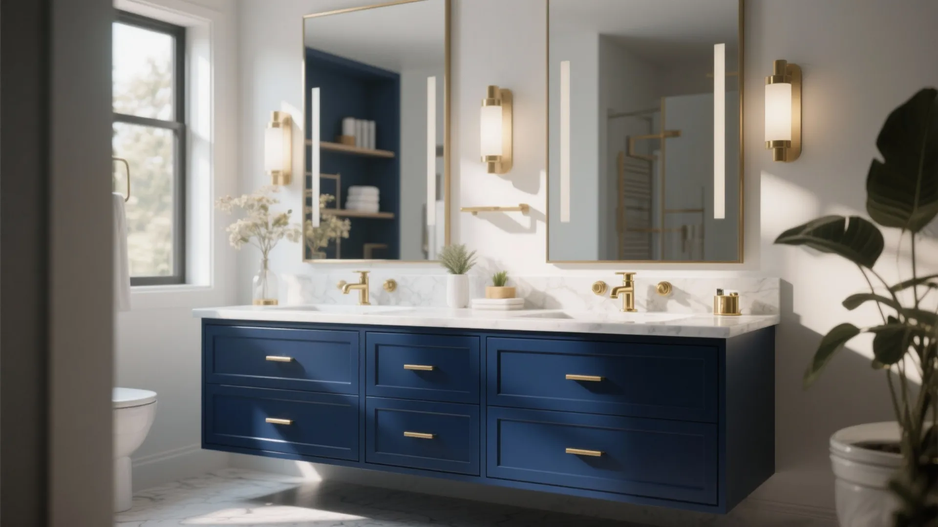 Blue floating bathroom cabinet with gold handles two mirrors gold wall lights and white countertop