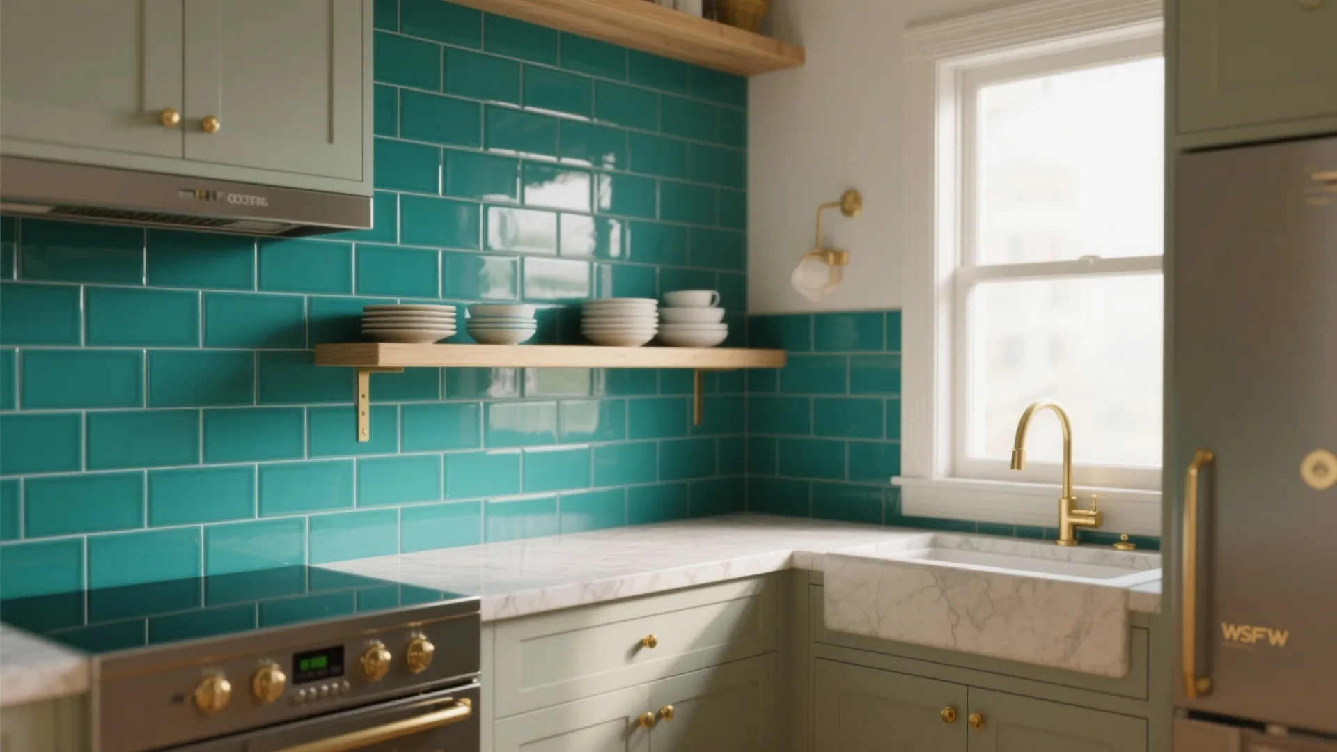 Compact kitchen with bold teal subway tile backsplash, neutral counters and wood shelf.