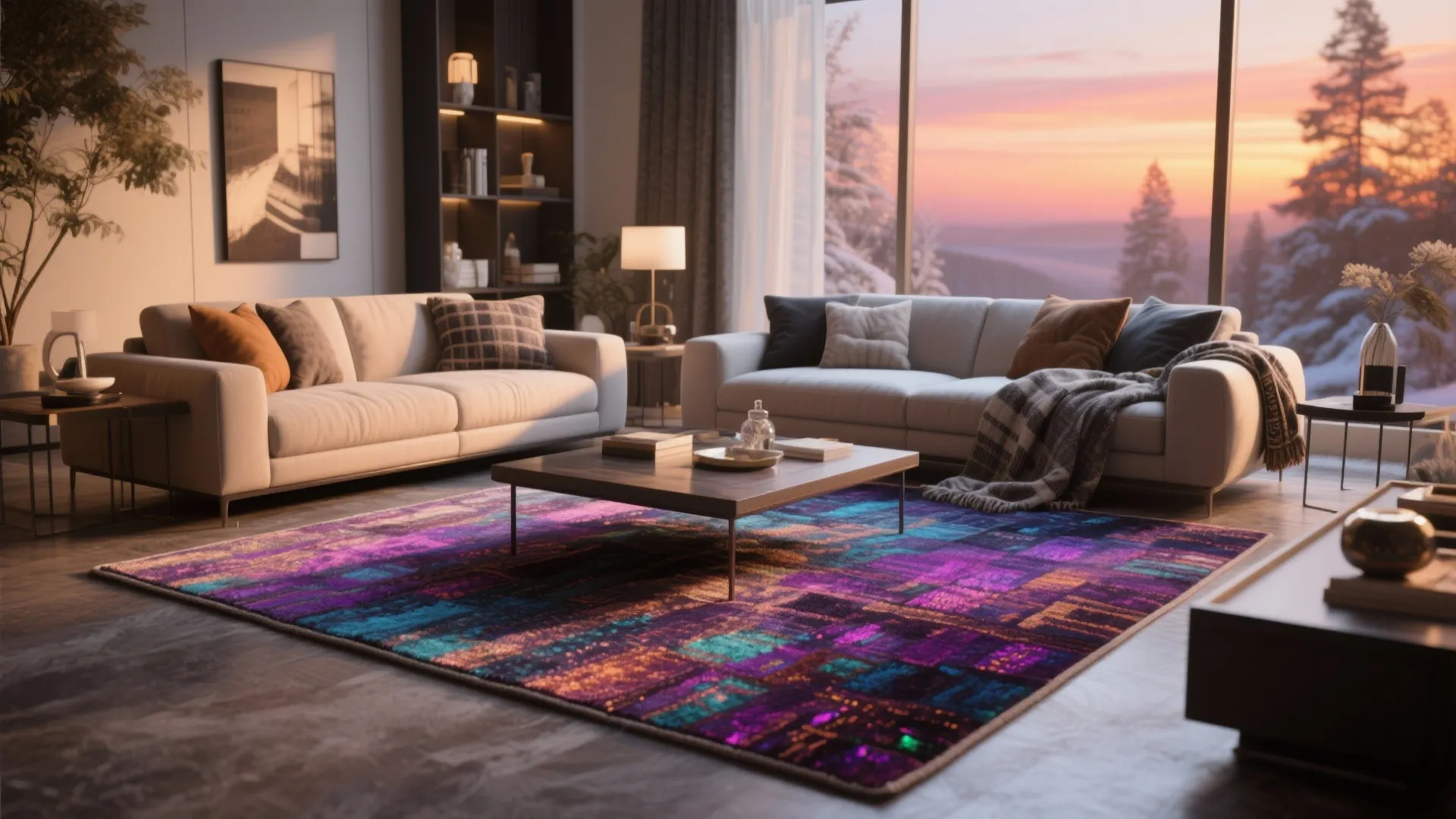 Modern living room with purple patterned rug cream sofas wooden coffee table and sunset window view