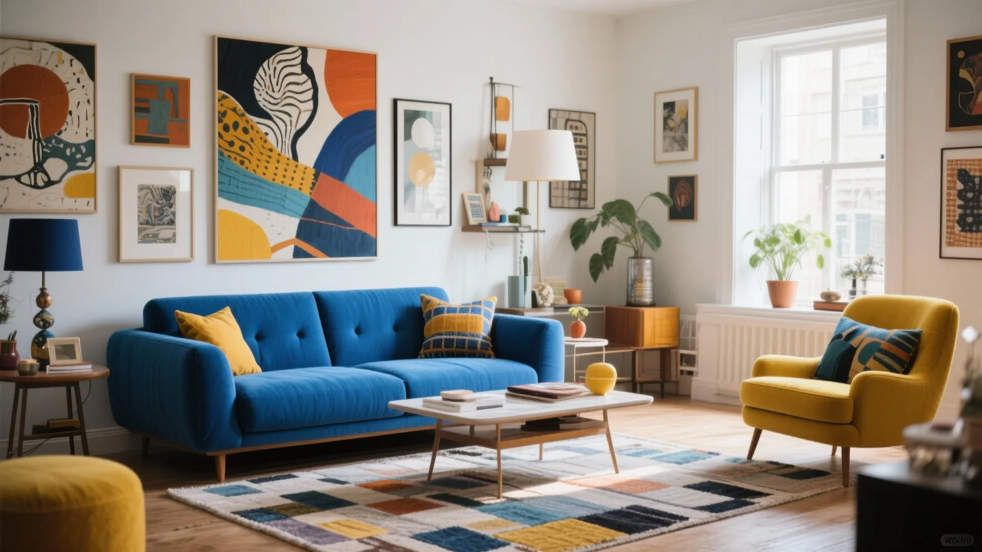 Colorful living room with blue sofa, yellow armchair, wall art, patterned rug, and white walls