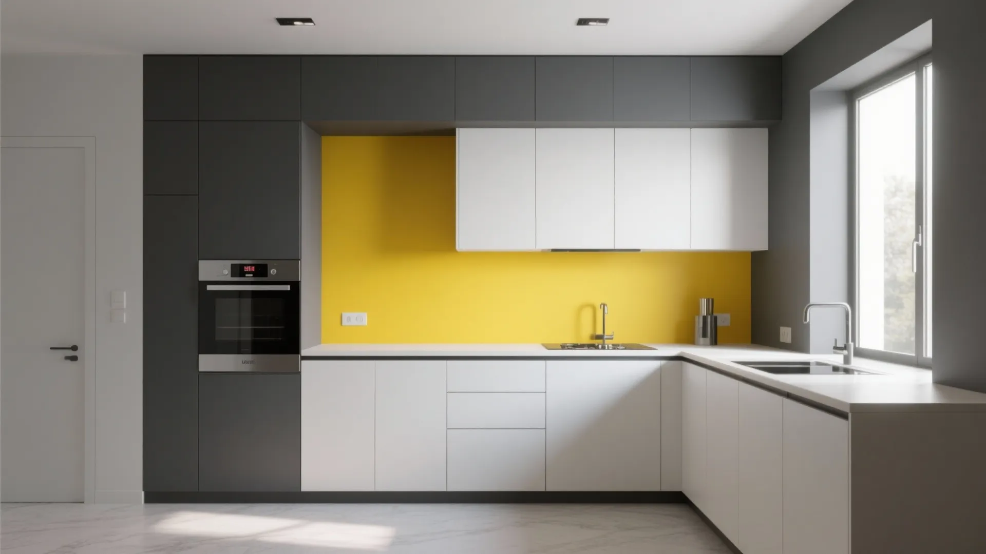 Modern kitchen with grey and white cabinets featuring a bright yellow wall and silver oven
