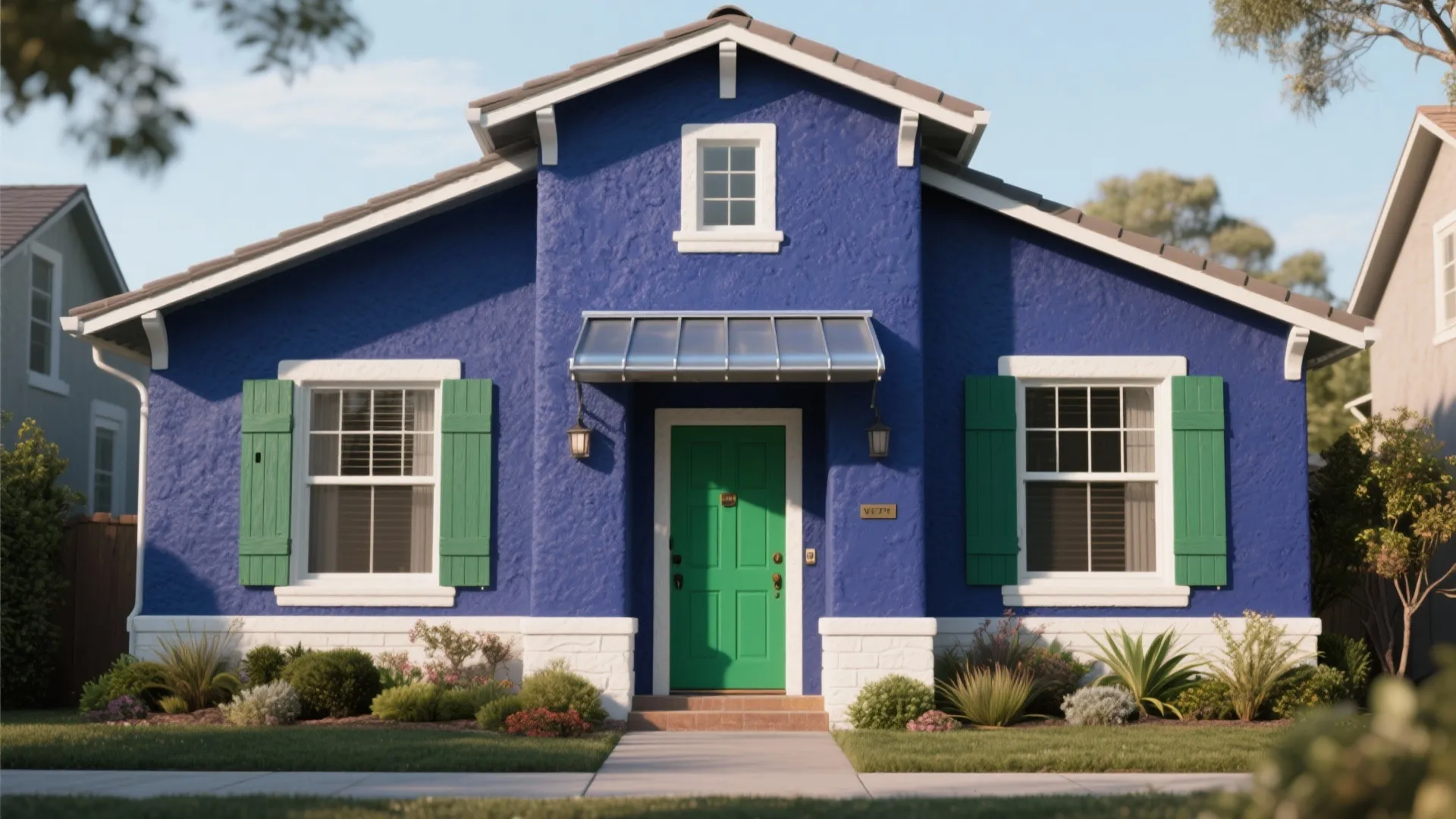Bright blue house featuring green front door green window shutters small garden and white stone foundation