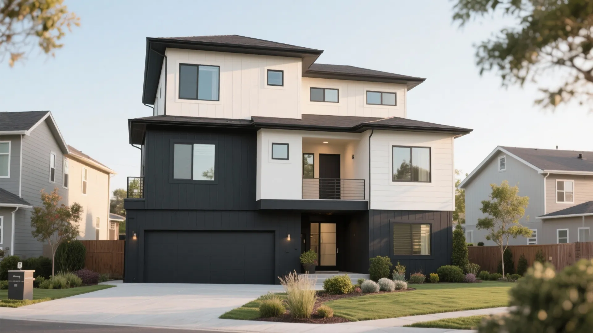 Charcoal and cream contrasting colors on tri-level facade