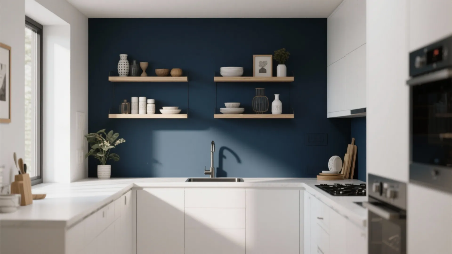 Modern white kitchen with dark blue wall wooden shelves and white counters under a large window