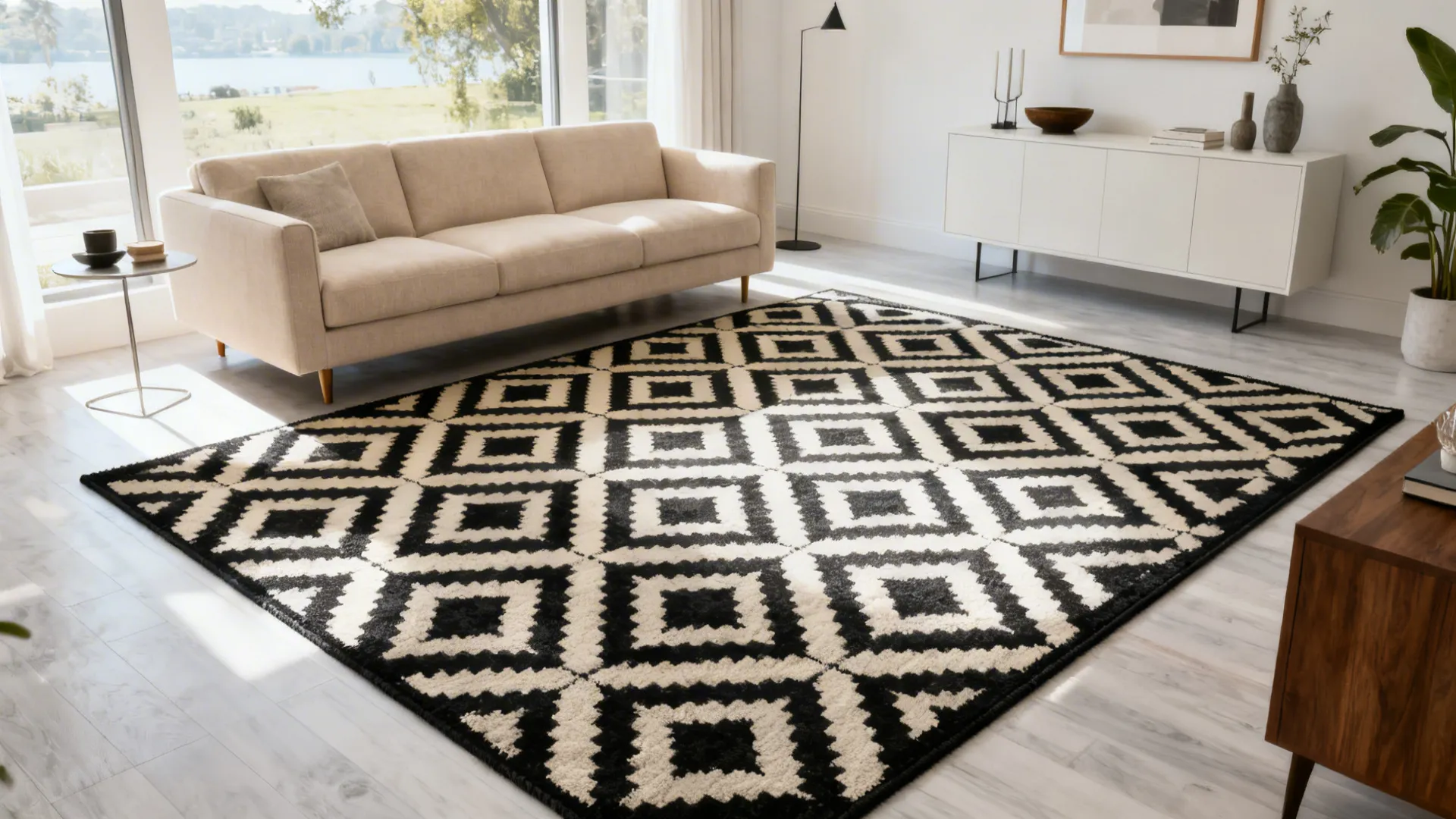 Modern living room with large black and white geometric rug beige sofa and floor lamp