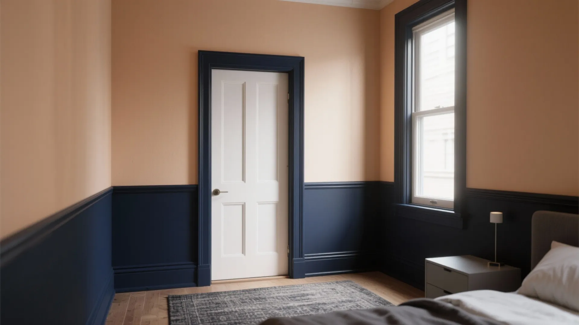 Modern bedroom featuring peach walls paired with dark blue wall panel and a white door