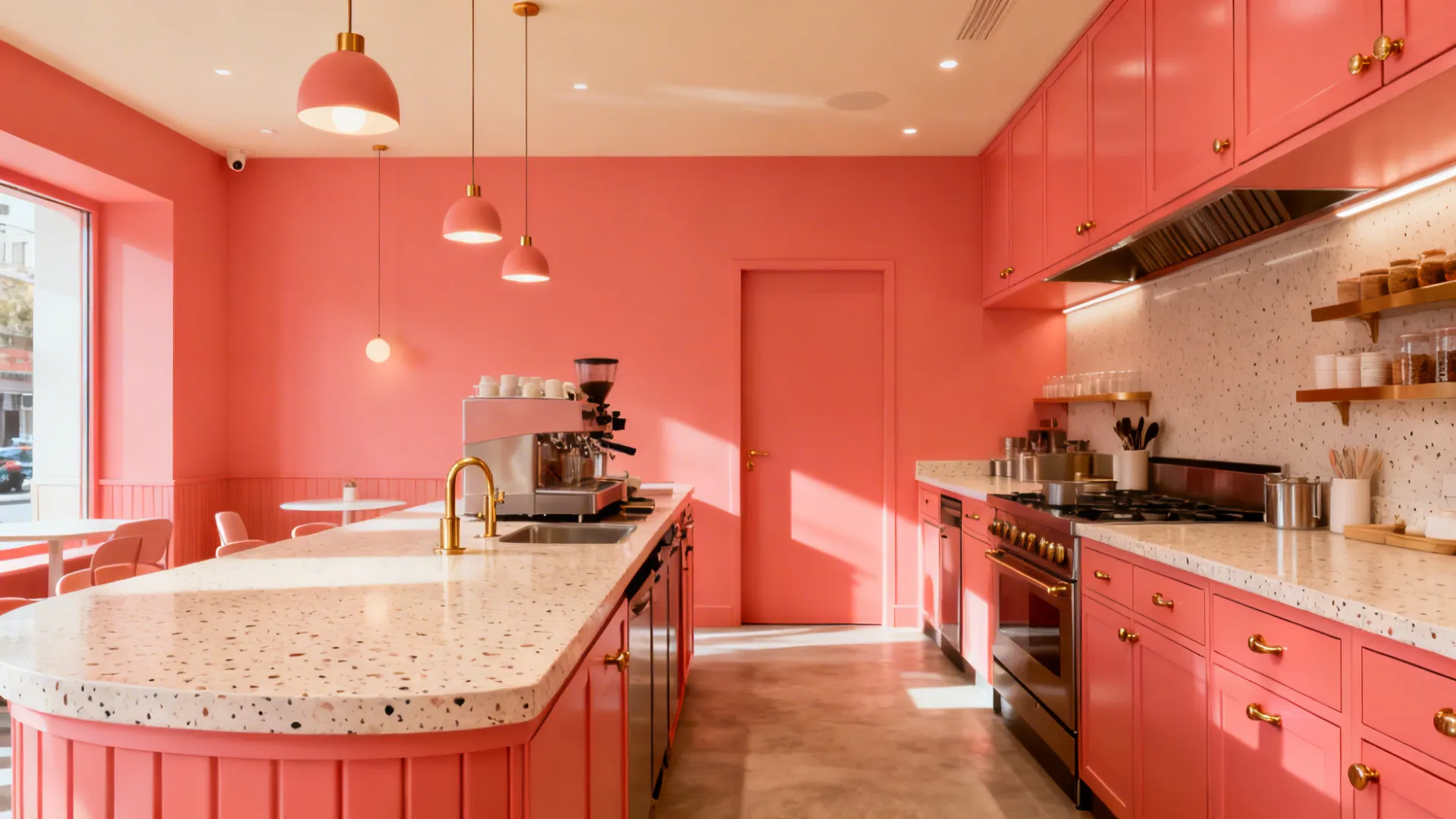 Monochrome coral kitchen with matching cabinets, walls, and trim balanced by pale terrazzo.