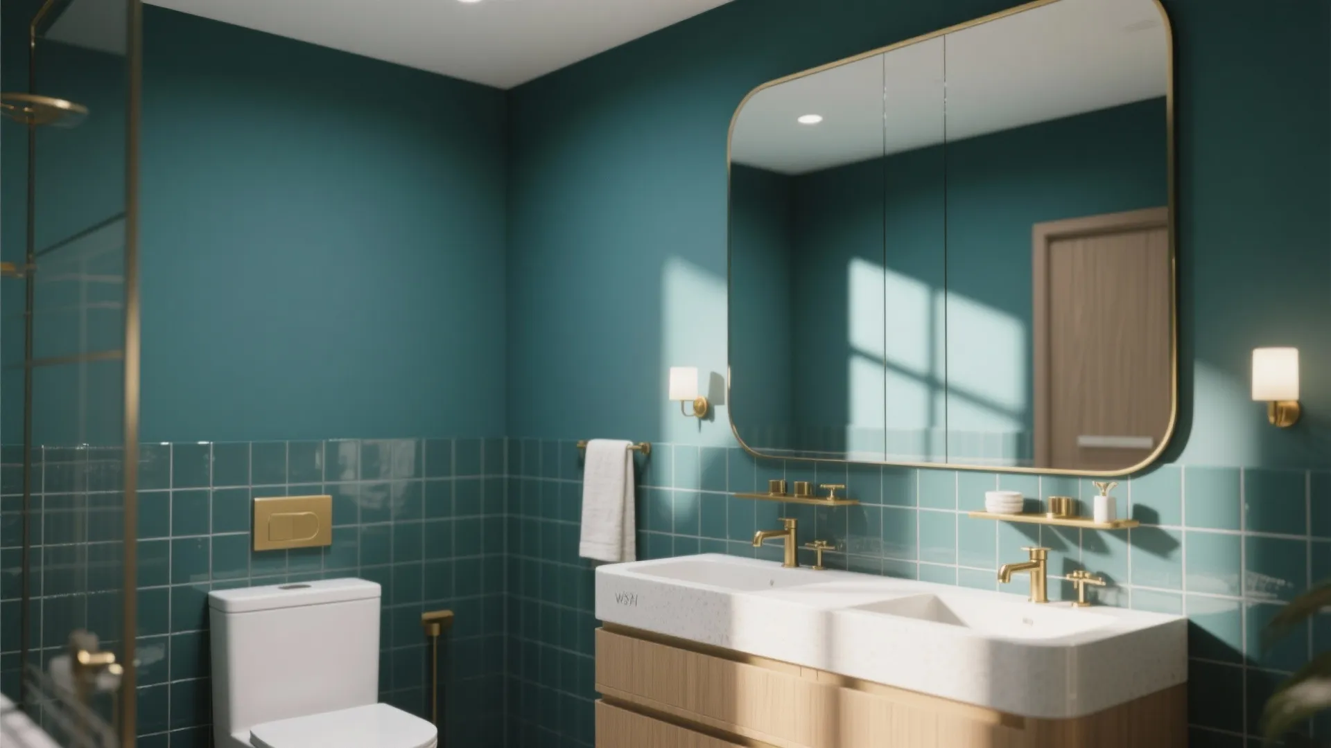Modern bathroom with dark teal walls green tiles double sink wooden cabinet and large square mirror
