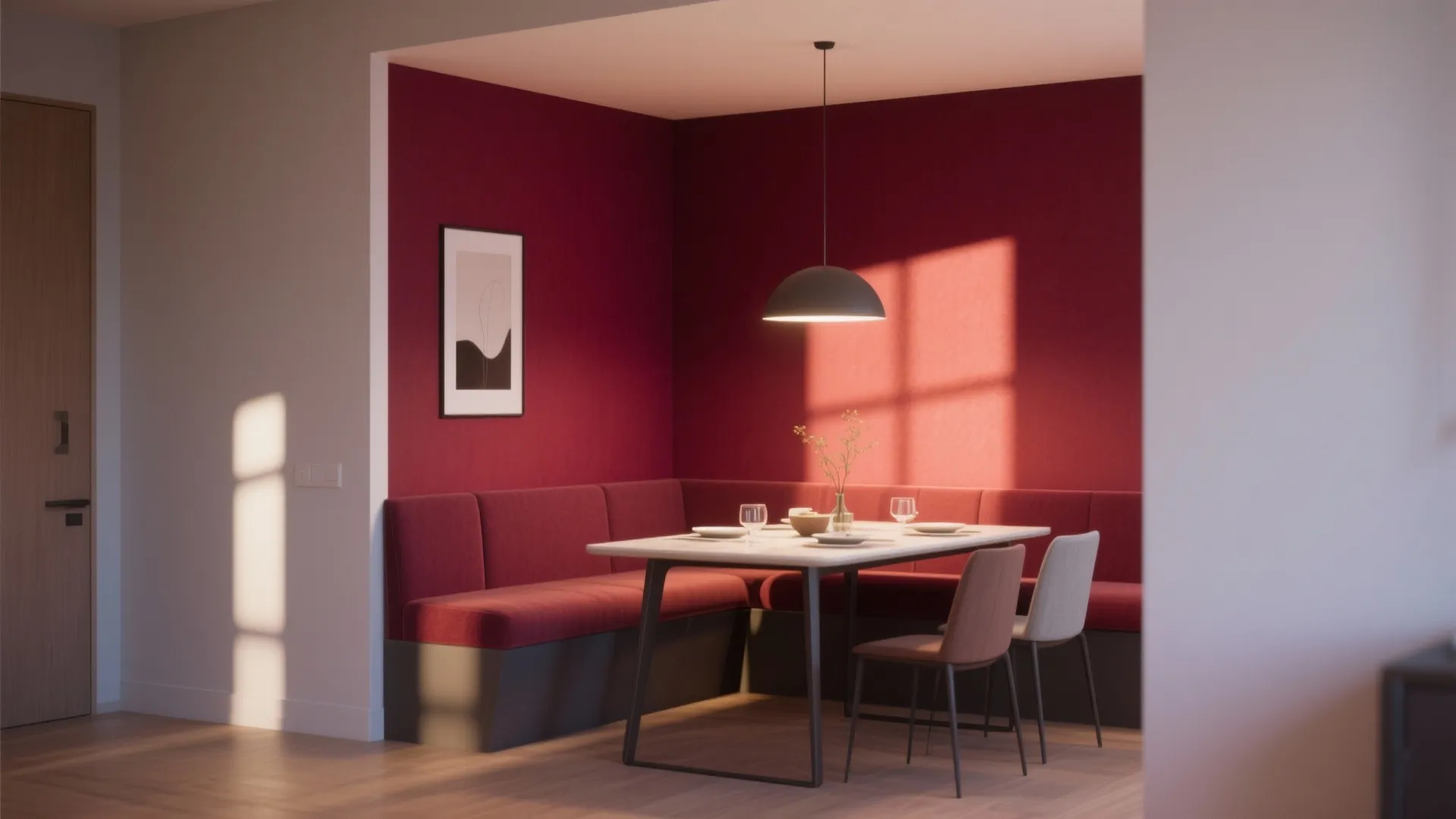 Modern dining area with red walls featuring a corner sofa seat and black ceiling light
