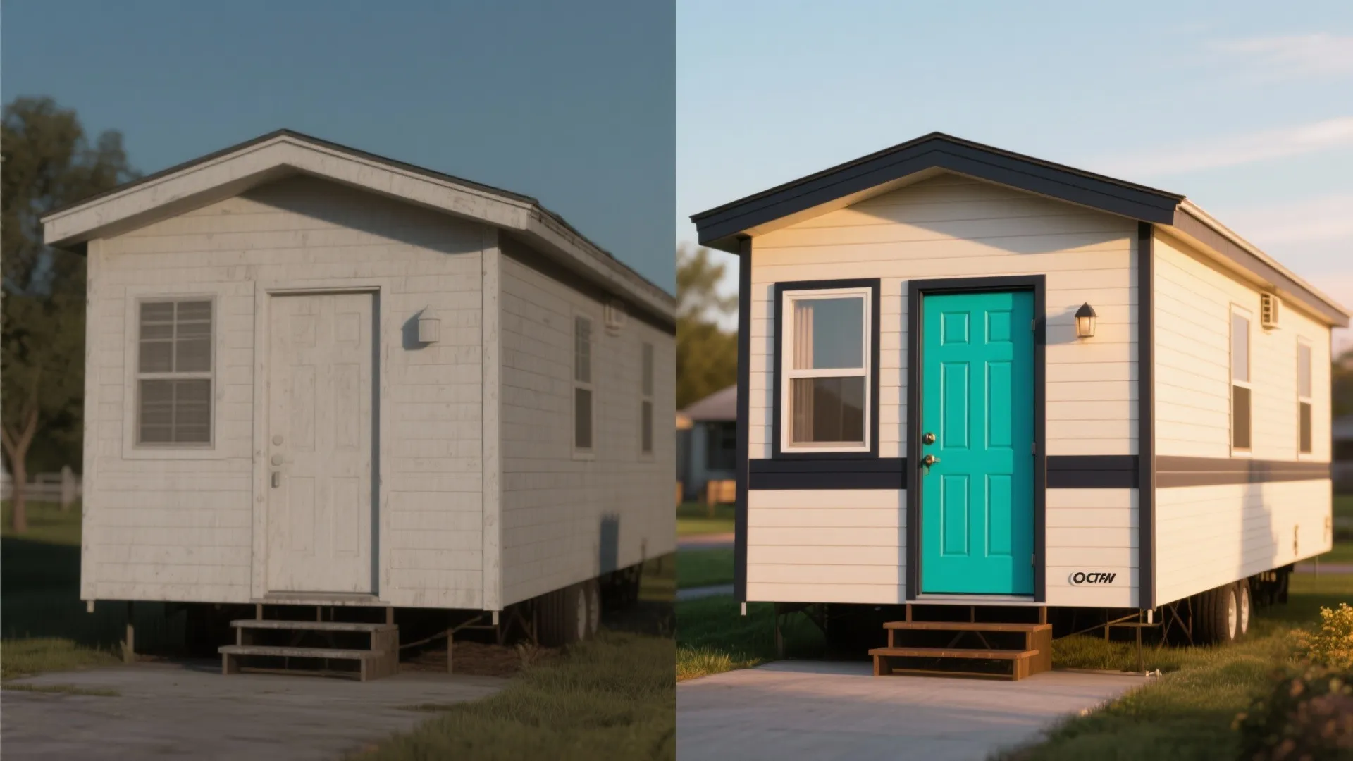 Before and after comparison of a plain house versus one featuring a bright blue door