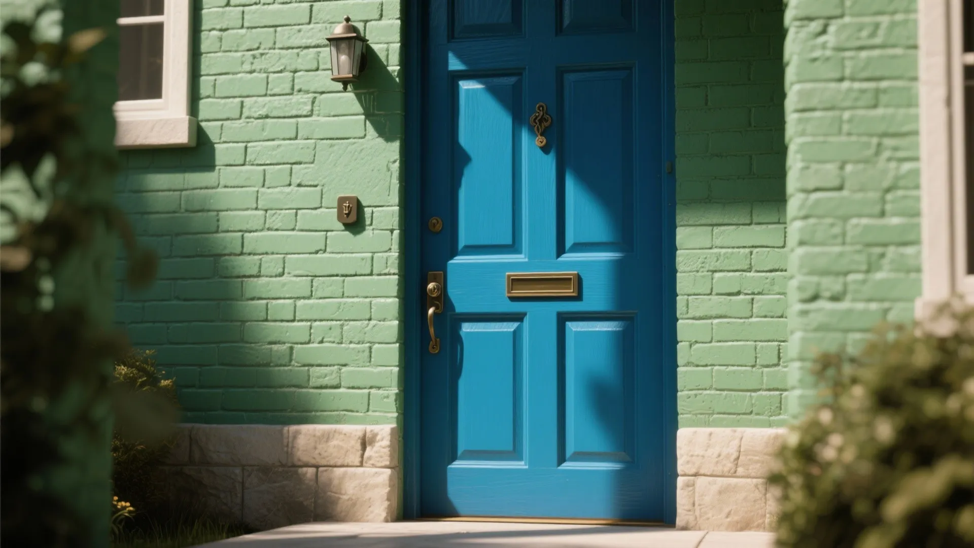 Close-up of a deep blue front door set against painted brick with textured masonry and detailed hardware.
