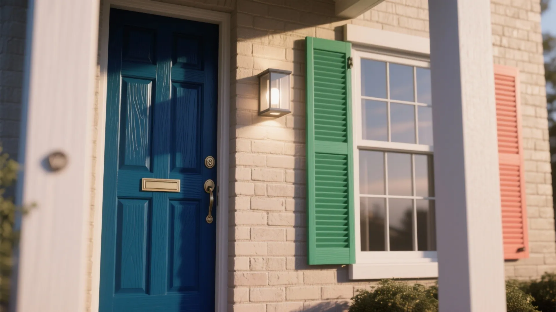 House entrance with blue front door green window shutters wall light and white brick exterior