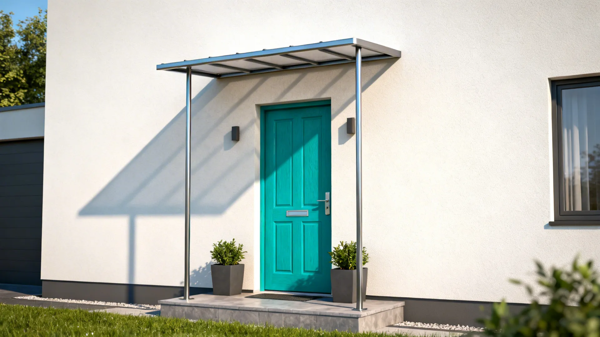 Modern white house exterior featuring bright blue door metal roof canopy and two wall lights
