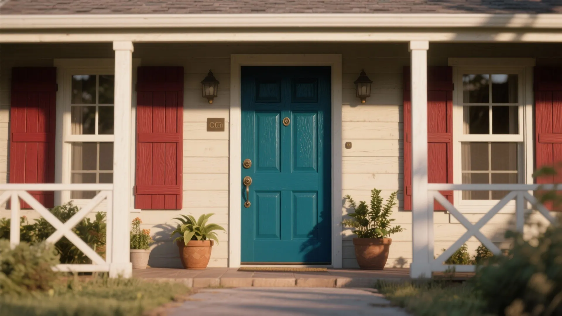 Close-up of a bold teal front door with matching shutters and potted plants on a ranch porch.