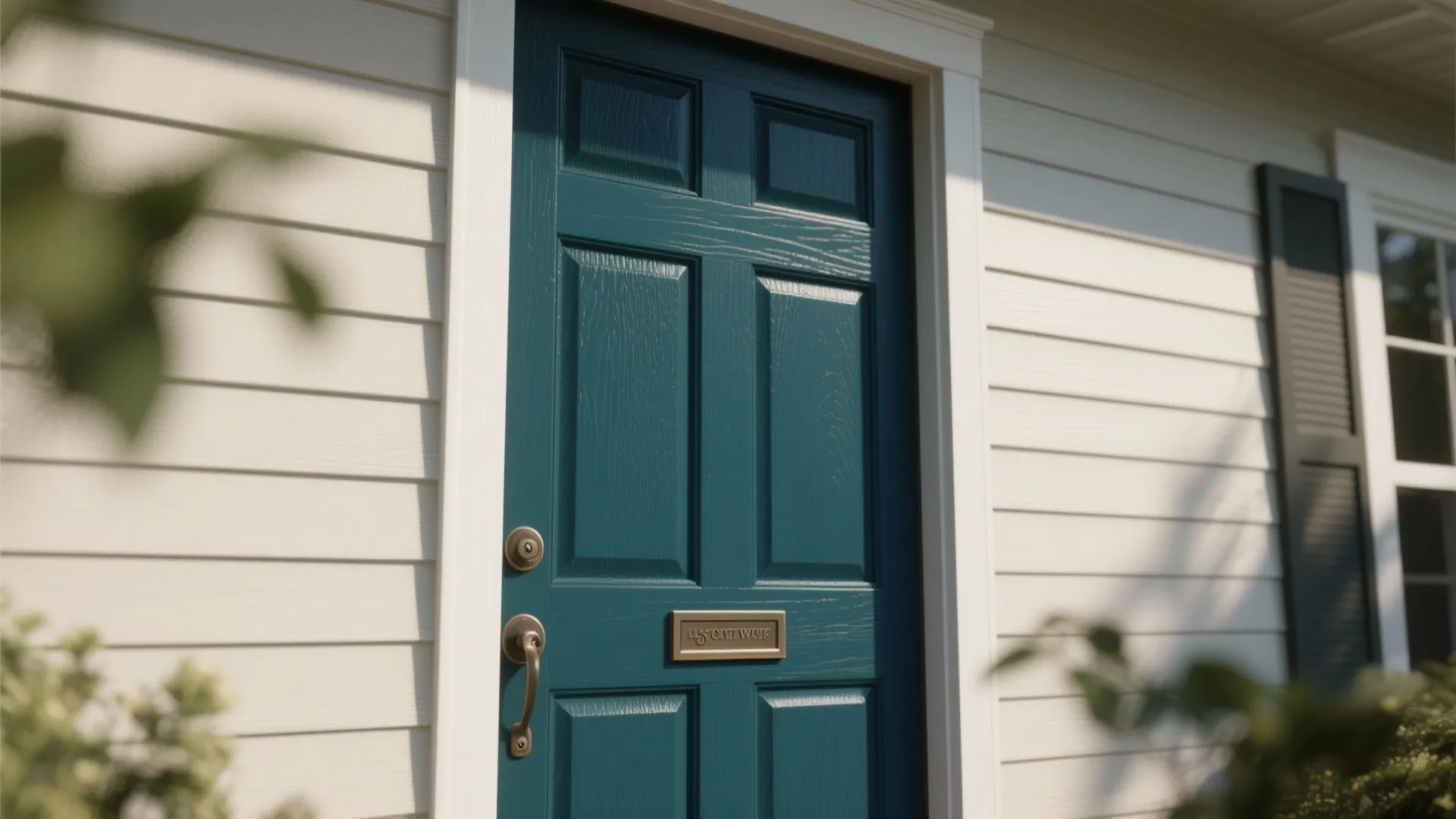 Close up of a dark blue front door on a house with white wall panel siding