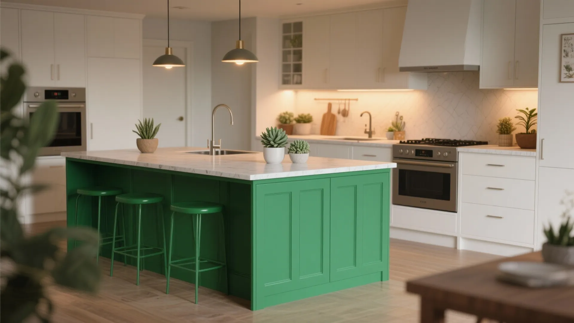 Modern white kitchen featuring green island marble top green stools ceiling lights and wooden floor