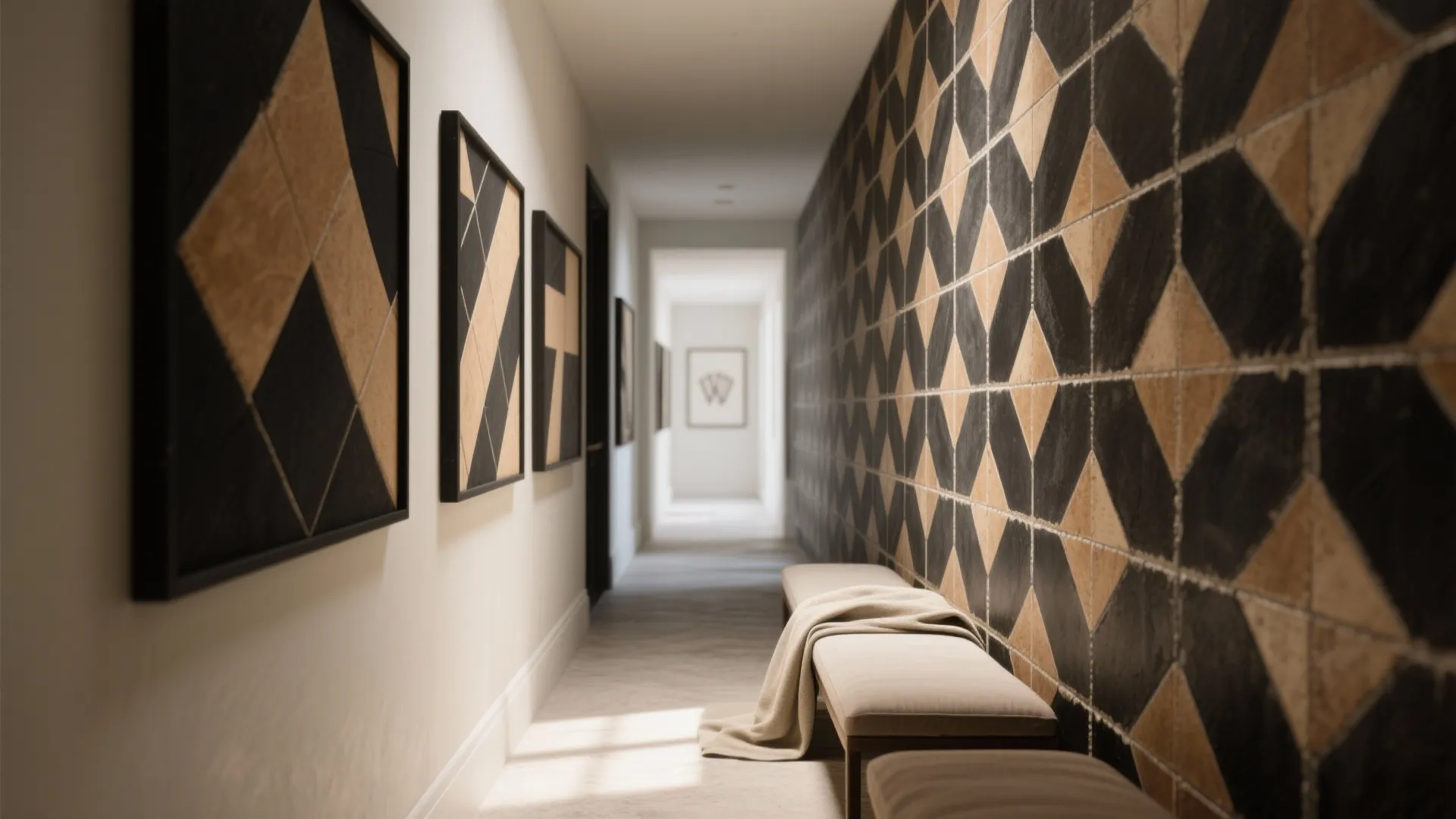 Black-and-tan geometric encaustic cement tile gallery wall in a narrow hallway with soft daylight and neutral accents.