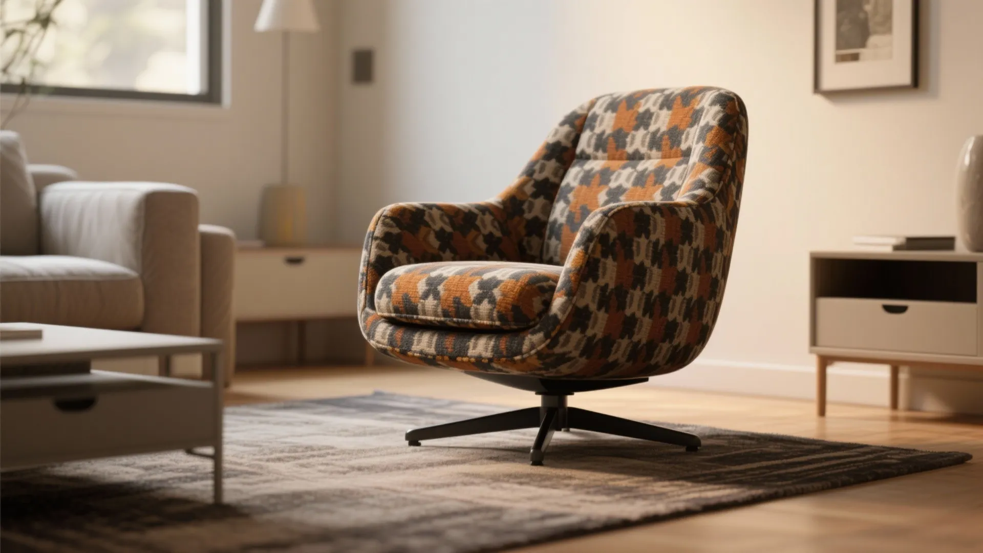 4. Bold Fabric on a Compact Swivel to Punch Up Neutrals