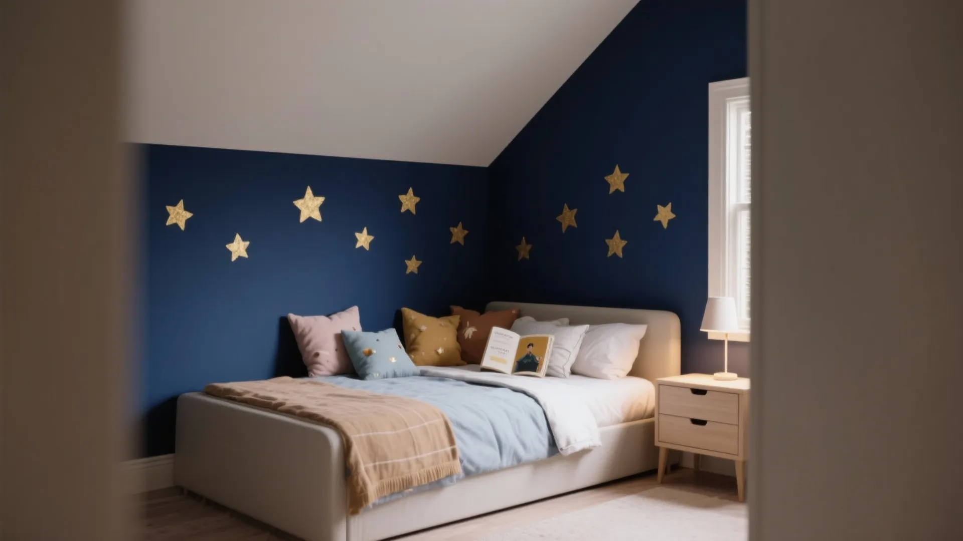 Bed with blue feature wall gold star stickers wooden bedside table small lamp and pillows