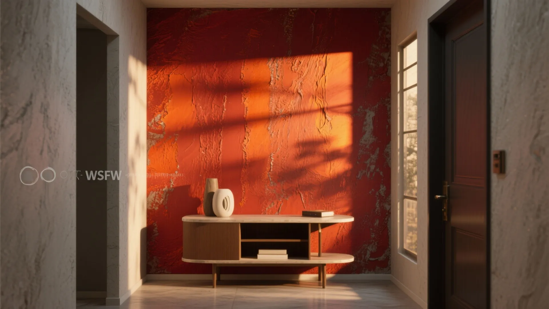 Modern hallway with bold red textured wall small wooden cabinet and natural light from window