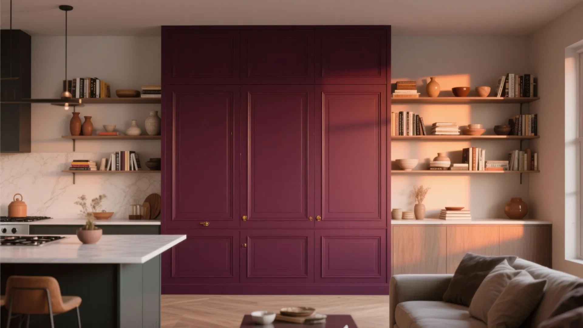 Kitchen area featuring a large purple wall cabinet, open wooden shelves, marble island, and sunlight