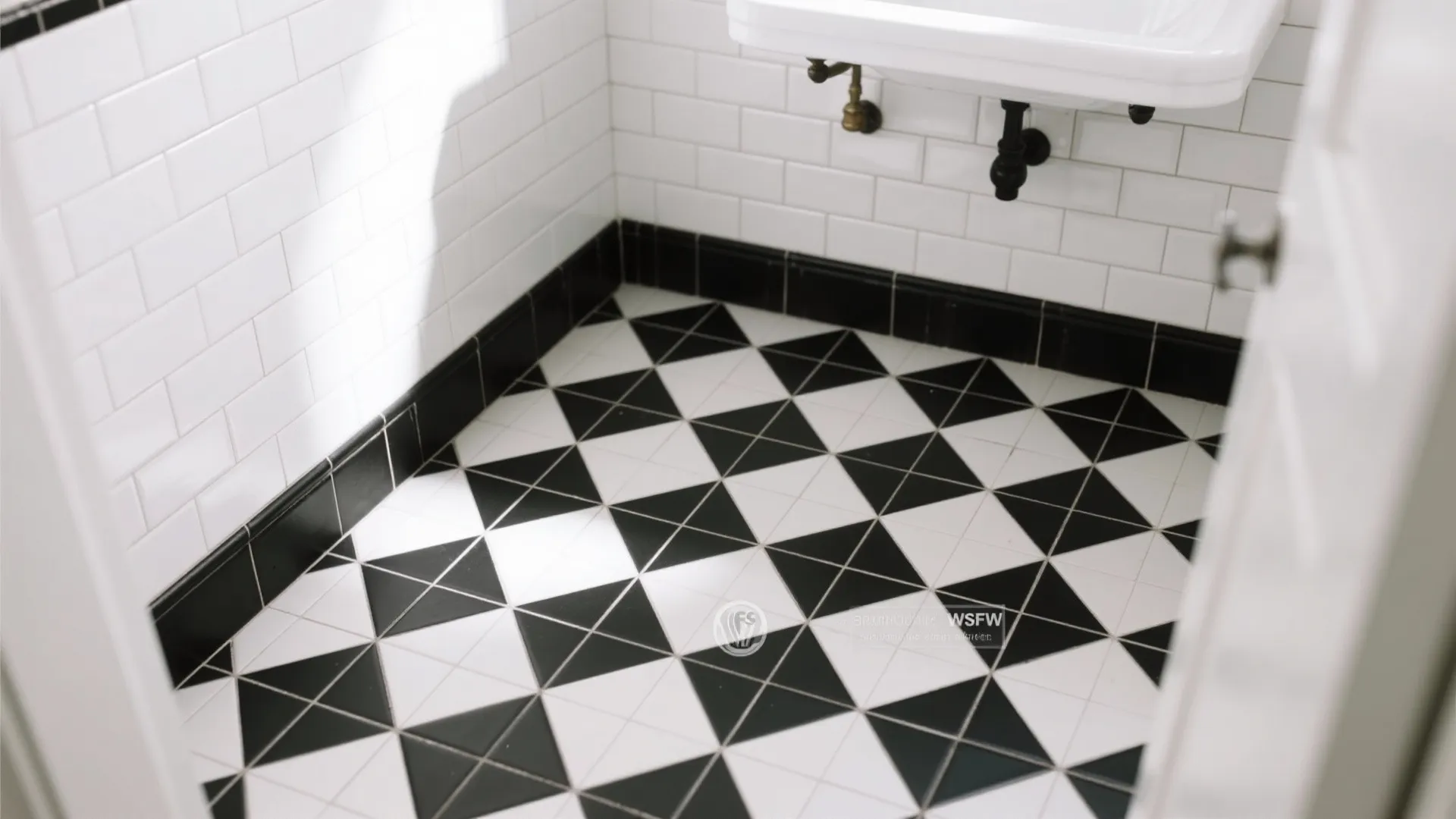Black and white triangle pattern floor tile in a bathroom with white brick wall panels