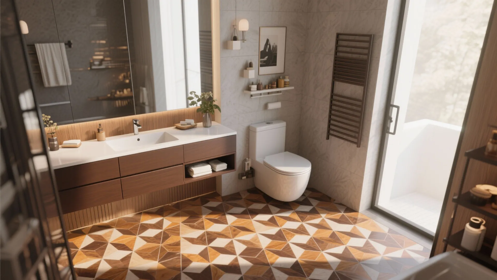 Modern bathroom featuring geometric pattern floor tiles white toilet wooden cabinet and a large mirror