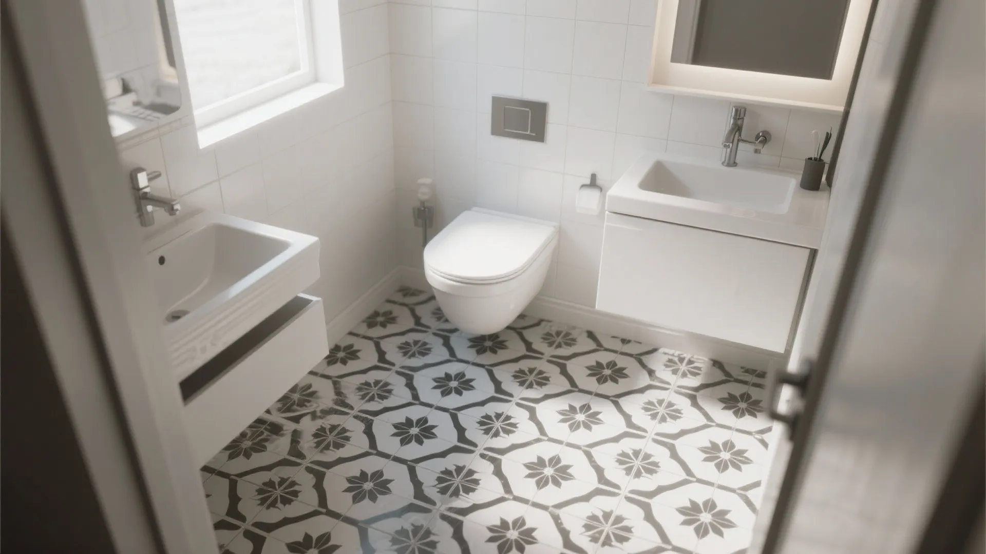 Bright bathroom interior with black and white patterned floor tiles white toilet and twin sinks