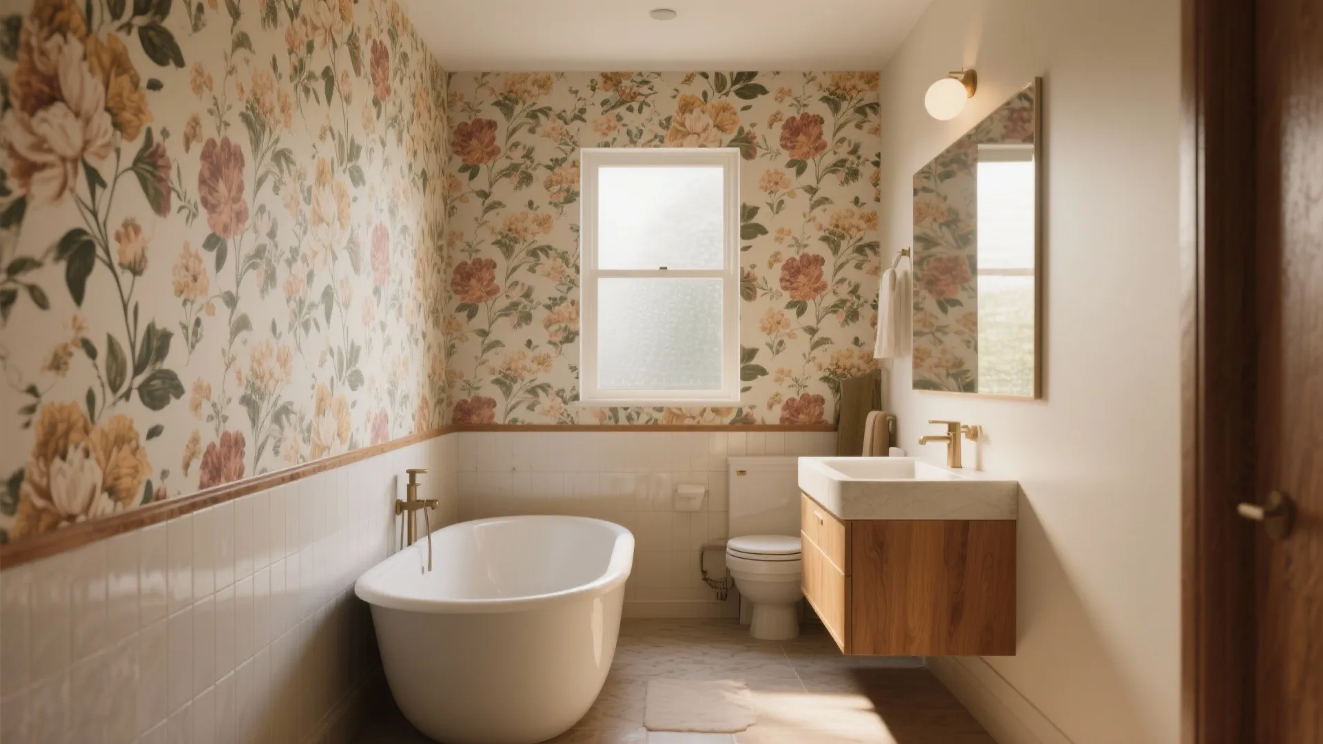 Bright bathroom featuring floral wallpaper white bathtub wooden cabinet white sink window and wall light