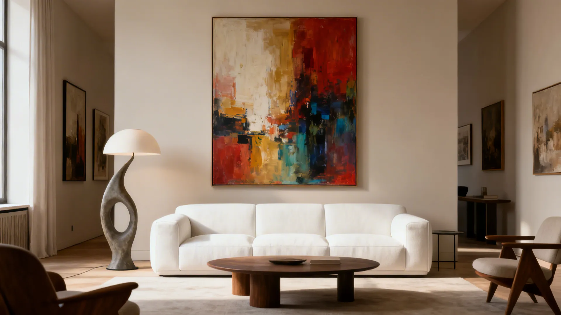 White sofa with oversized abstract artwork and sculptural lamp