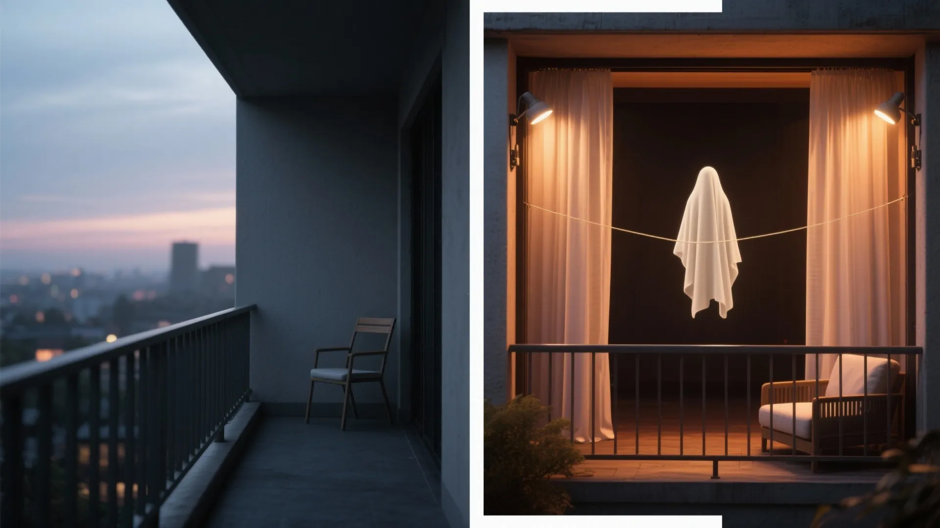 Before and after comparison showing a dark empty balcony versus a cozy outdoor living area