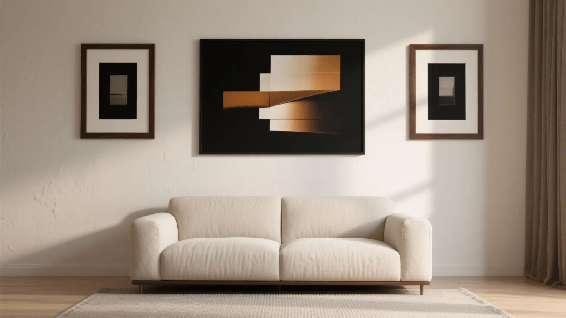 Modern cream sofa placed against a white wall with three framed abstract art pictures above