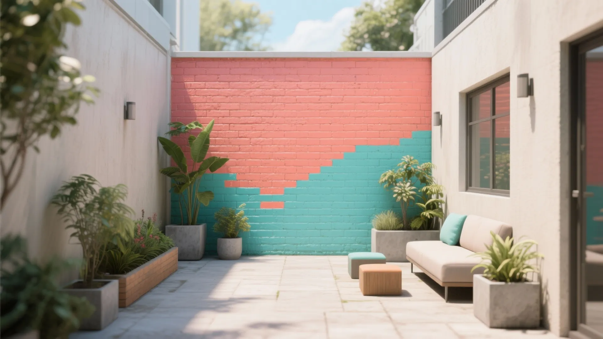 Outdoor patio with pink and blue brick wall sofa wooden footrest wall lights and plants