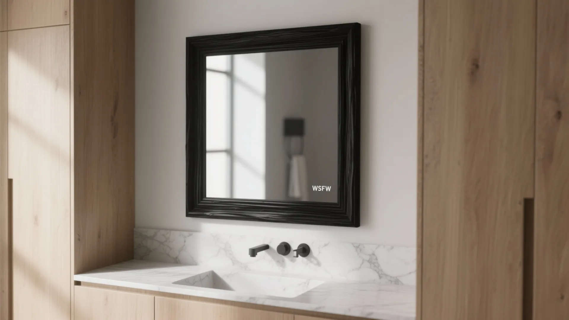 Bathroom vanity with bold black frame mirror contrasting oak cabinetry