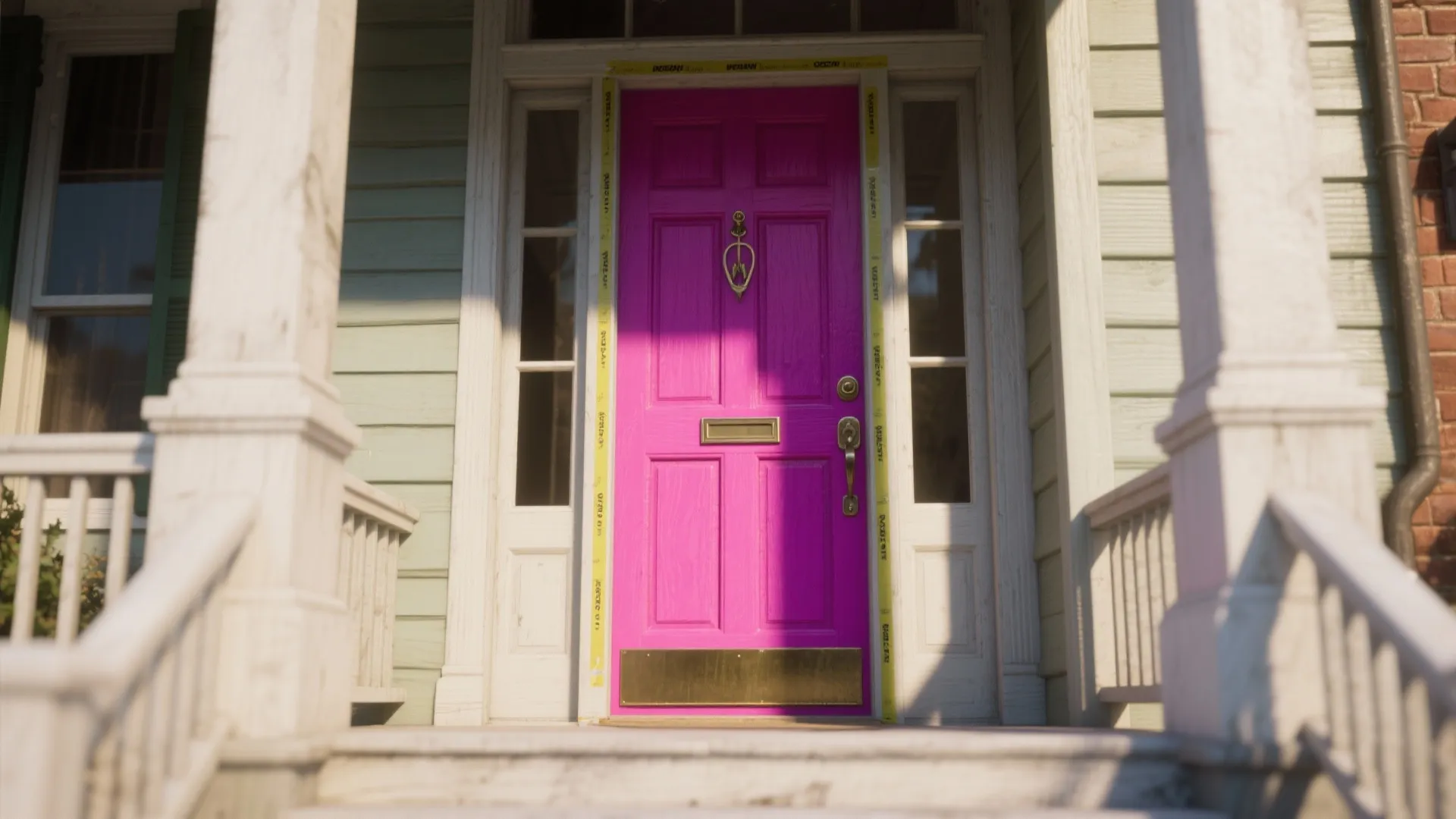 Bright pink front door with gold hardware on a white house porch during a sunny day