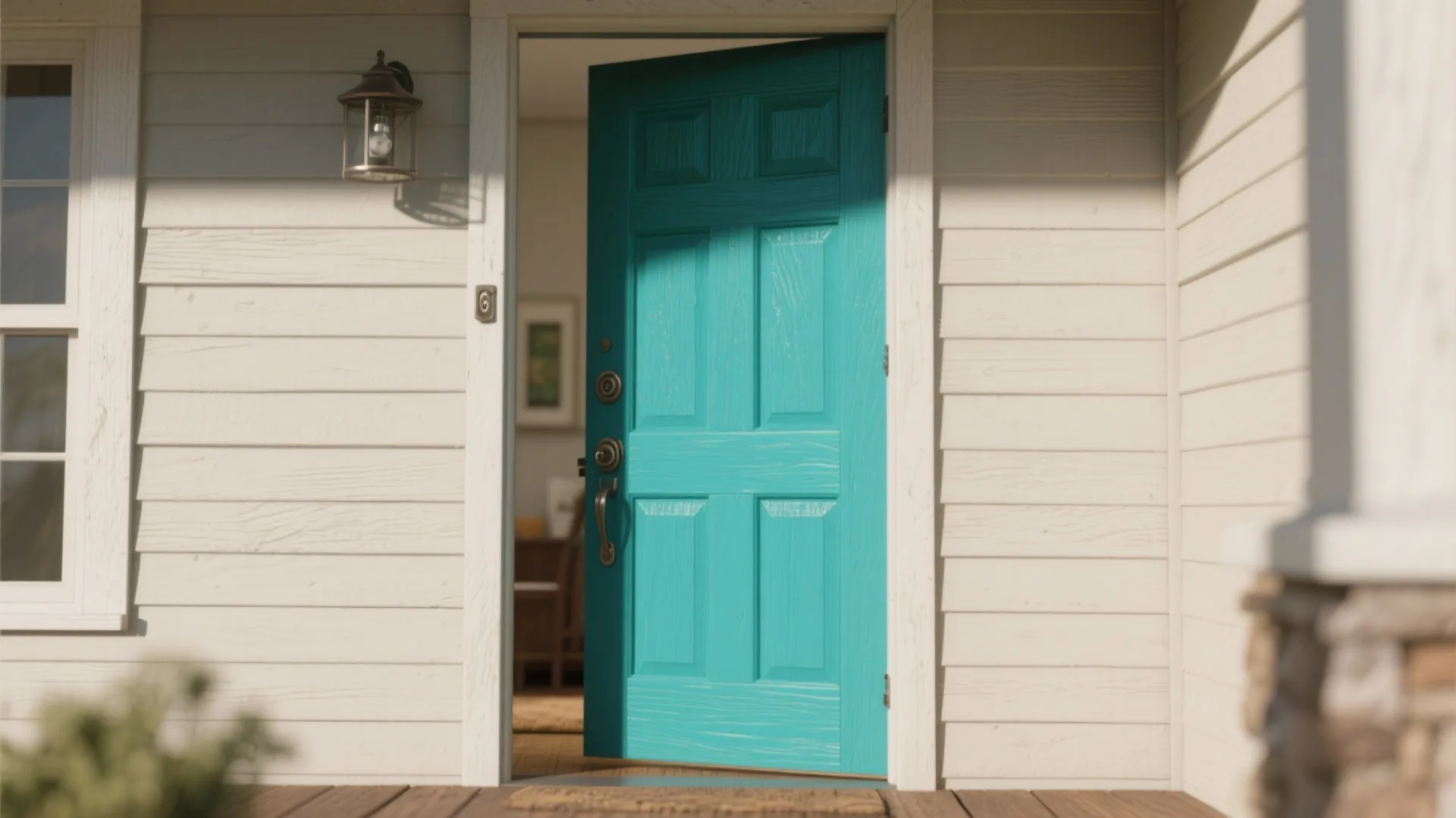 A bright blue front door is partially open on a house with white horizontal wall panels