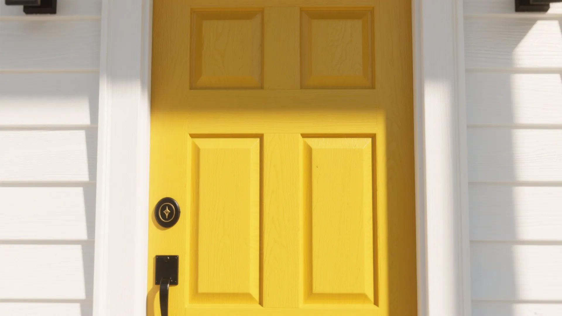 Bright yellow wooden front door with four panels black handle and lock on white siding