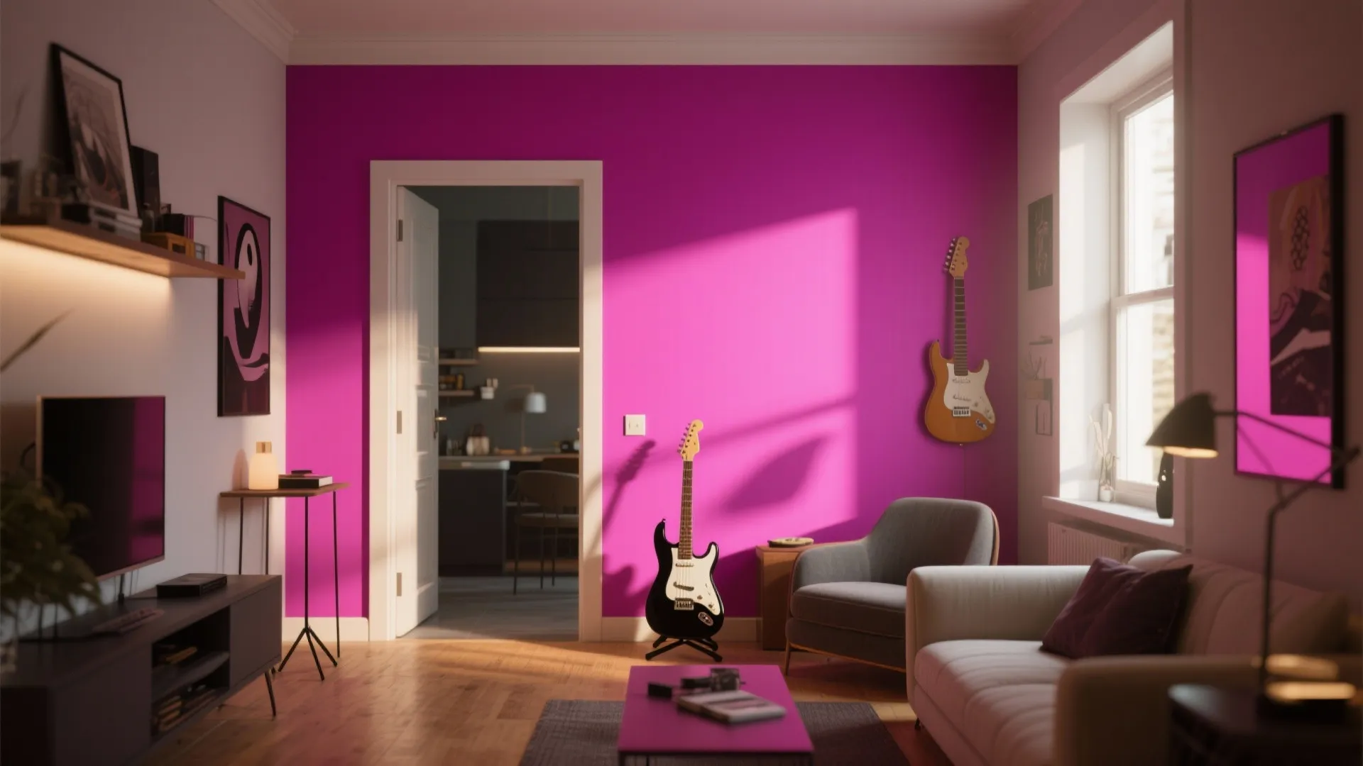 Bright pink living room featuring guitars on wall and stand grey armchair sofa and flooring