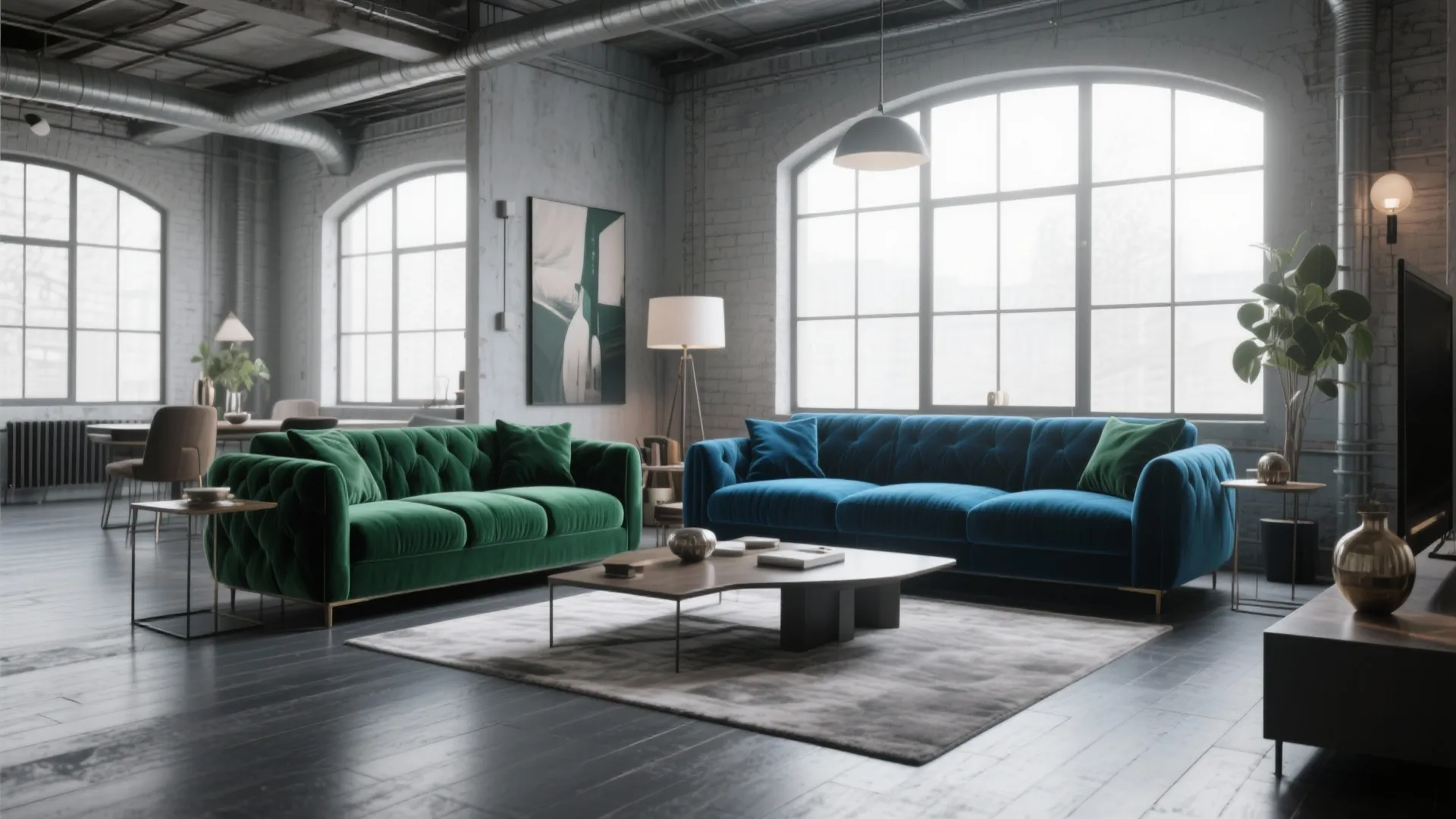 Industrial living room with green sofa blue sofa large windows exposed pipes and grey rug