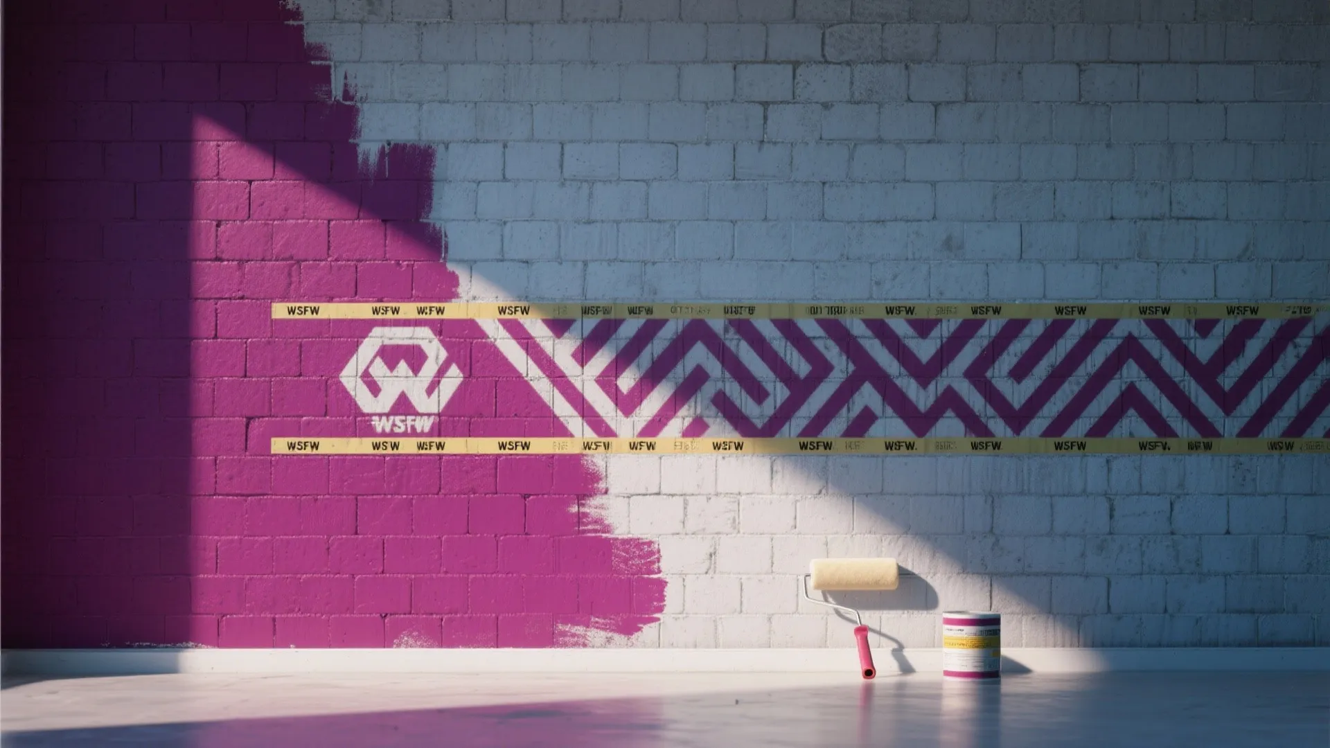 Concrete block wall with a deep-colored accent and crisp geometric stencil band, with painting tools nearby.