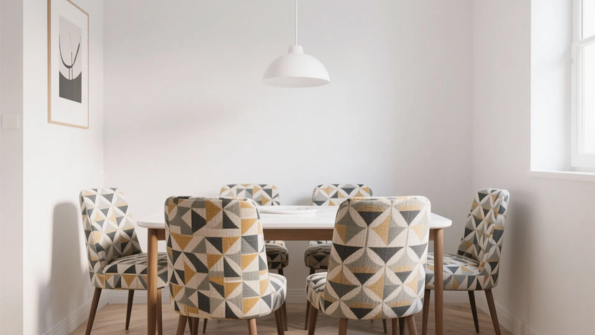 Dining room with geometric pattern chairs and white dining table under a white ceiling light fixture
