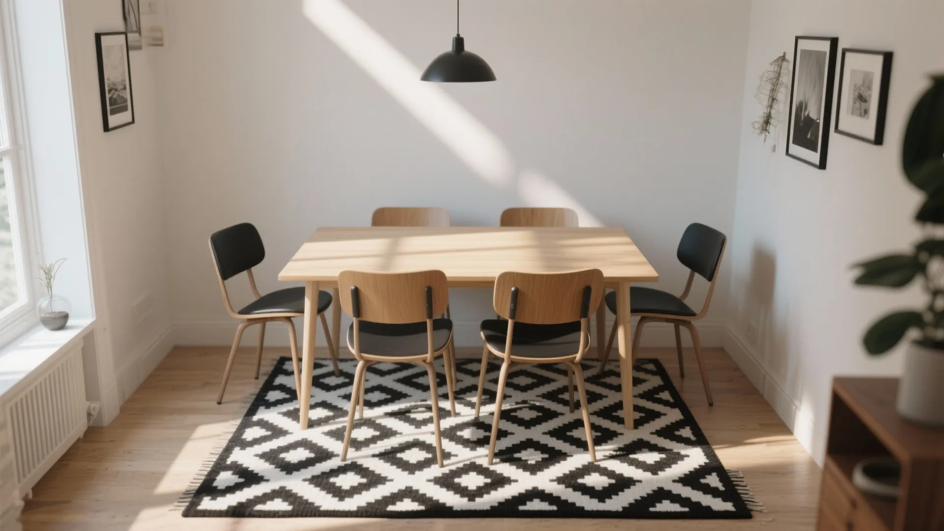 Wooden dining table with black chairs on geometric patterned rug under black ceiling light in room