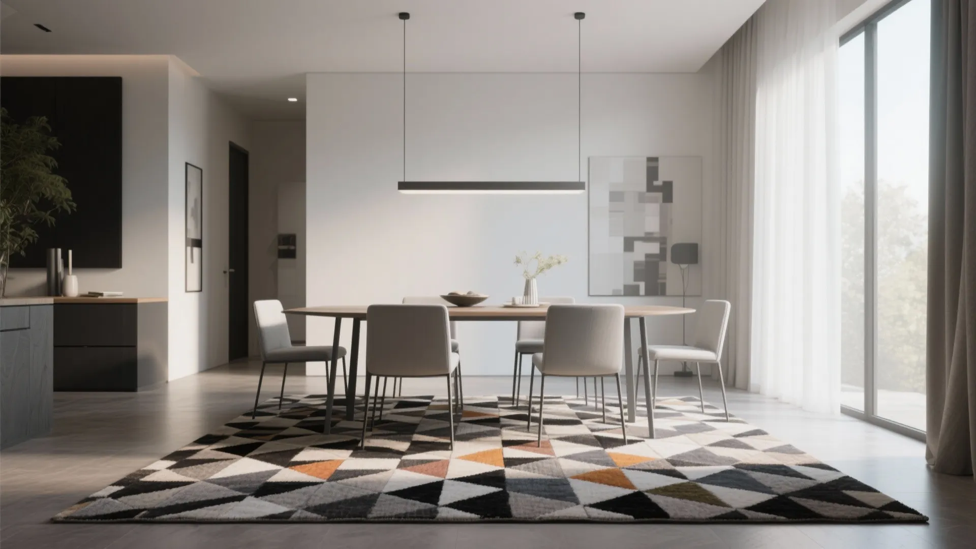 Contemporary dining space featuring wooden table grey chairs long ceiling light and triangular pattern floor rug