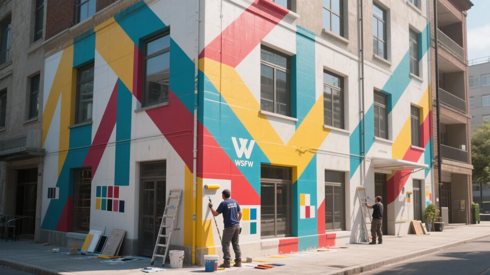 Two men painting a bold colorful geometric pattern on the exterior wall of white building