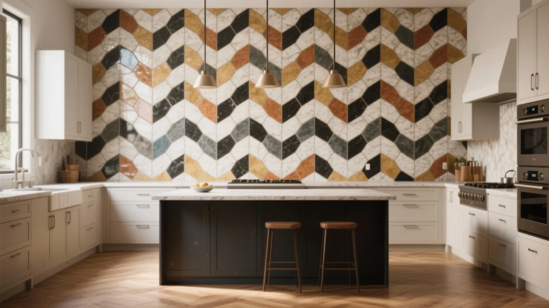 5. Bold geometric mosaics as a single focal wall
