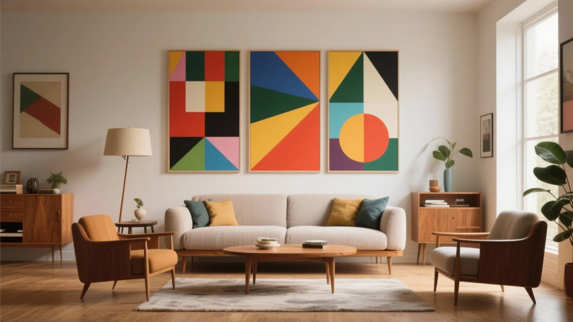 Bold geometric canvas artworks in mid-century-inspired space